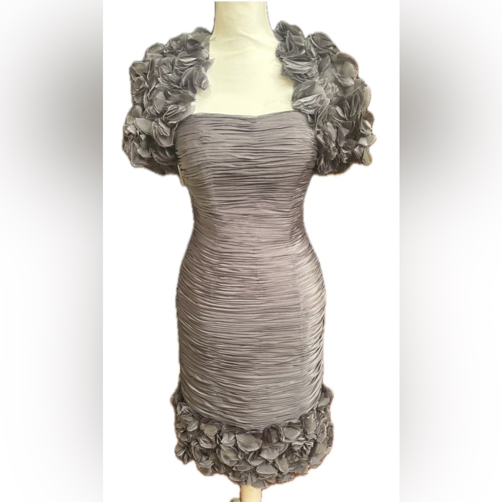 Jovani Gray Strapless Ruched Dress with Floral Shrug